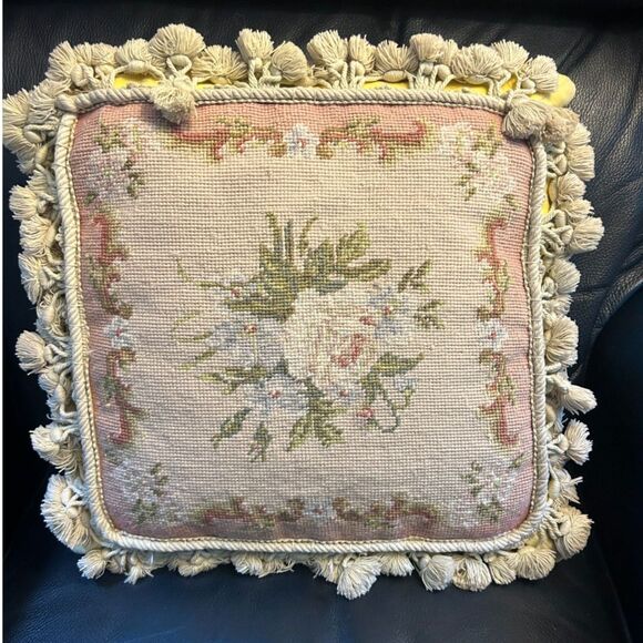 Vintage Needlepoint Pillow | Hand Embroidered Wool Floral Cushion - Picture 1 of 6